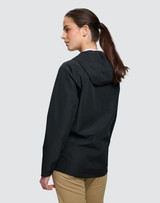 A unisex black waterproof jacket with a hood, featuring a sleek design and a logo on the back.