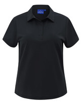 A black ladies' polo shirt with a stand-up collar, short sleeves, and a logo on the chest area.