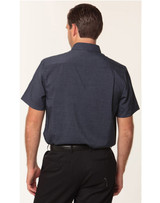 A navy short sleeve shirt for men featuring a collar and a logo on the back.