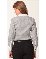A long-sleeve shirt in grey tic stripe pattern with white collar and cuffs, featuring a logo on the back.