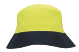 A luminescent safety bucket hat in bright yellow with a navy blue brim. Features branding on the hat.