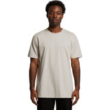 A plain, light grey t-shirt on a person, featuring short sleeves and a crew neckline, with a logo on the fabric.