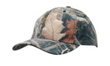 A camouflage 6-panel cap with various shades of green, brown, and orange, featuring a logo on the front.