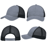 A grey cap featuring a light brushed poly cotton marle front and honeycomb mesh side and back panels. It has an adjustable strap.