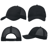 A black cap featuring breathable poly twill and honeycomb mesh, displayed from multiple angles, including front, back, and sides.