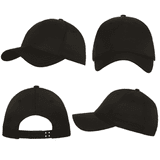 A black cap displayed from multiple angles, featuring a logo on one side and an adjustable strap at the back.