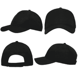 A black baseball cap featuring breathable poly twill and circular perforations, displayed from multiple angles.