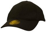 A black cap featuring a round logo on the front and a mesh design for breathability.