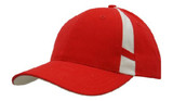 A red cap with contrasting white inserts on the crown and under the peak. Includes a branding logo.
