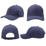 A navy blue snapback cap displayed from multiple angles, featuring a solid design with a branding logo.