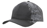 A black cap featuring a grey tire print design and a logo on the front.