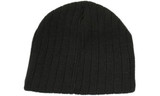 A black cable knit beanie with a ribbed texture and a simple design. It features a logo.