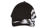 A black cap with a checkered pattern in white running along the brim. It features a branding logo.