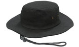 A black brushed heavy sports twill hat with a wide brim and an adjustable chin strap.