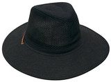 A black collapsible cotton twill and soft mesh hat featuring a wide brim and a logo on the band.