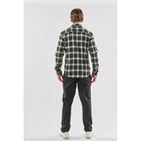 A men's long-sleeve button-up shirt in a black and green plaid pattern, shown from the back. The model is wearing black trousers.