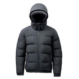 A black thermal jacket with a hood, featuring a zip closure and a padded design. It includes branding.