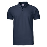 A navy polo shirt with a collar, short sleeves, and a front placket with buttons. It features a branding logo.