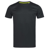 A dark green crew neck t-shirt with short sleeves, featuring a contrasting interior neckline and a logo.