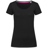 A black women's T-shirt with a crew neck and short sleeves, featuring a contrasting inner neckline and a logo.
