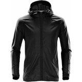 A black hooded rain jacket with a zip front and side pockets, featuring a logo on the sleeve.