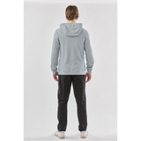 A grey pullover hoody with a hood, featured with a person wearing black pants, viewed from the back.