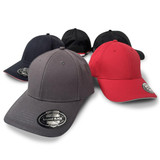 A collection of caps in red, grey, black, and navy, featuring a logo on the front.