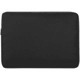 A black recycled laptop sleeve with a zipper closure and a logo on the side. Suitable for a 15.6" laptop.
