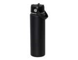 A drink bottle in black with a sleek design, featuring a lid and a handle. It includes a logo on the body.