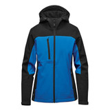 A hooded softshell jacket in blue and black, featuring a zippered front pocket and a logo.