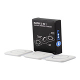 A white Matrix 3-in-1 MagSafe wireless charger with three charging pads and a box featuring a logo.