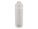 A drink bottle in white with a quick release lid and a logo at the bottom.