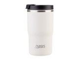 A drink bottle featuring a white body and black lid, with a logo on the front.