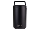 A drink bottle with a sleek black exterior, featuring a handle and an attached spoon. Branding is present.