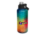 A drink bottle featuring a vibrant geometric pattern in blue, green, and red hues, with a screw cap and a logo.