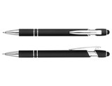 A black stylus pen with a sleek design and chrome accents, featuring a clip and a stylus tip.