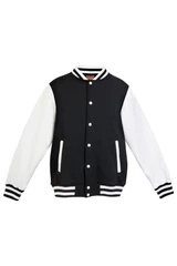 A black and white men's varsity jacket with striped ribbed cuffs and a button-up front. Features two side pockets.