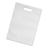 A white tote bag with a handle, featuring a smooth surface and stitching details. It has a simple design and includes branding.
