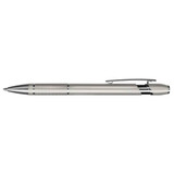 A sleek metal pen named Centra Pen, featuring a smooth silver finish and a textured grip for enhanced writing comfort.