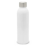 A drink bottle in white with a stainless steel cap and a simple design, featuring a logo.
