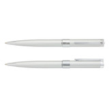 A silver and white metal pen set featuring a sleek design and a clip. Includes one capped and one retractable pen.