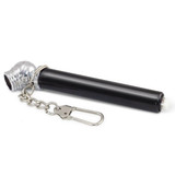 A black tyre pressure gauge key ring with a silver cap and a metal chain attachment.