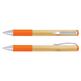 A bamboo twist pen with orange rubber grips and silver accents. It features a clip and smooth writing tip.