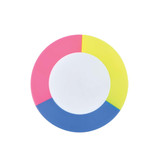 A circular highlighter set featuring four vibrant colors: pink, yellow, blue, and a white center.
