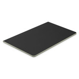 A rectangular black notebook with a light green border, featuring a visible logo on the cover.