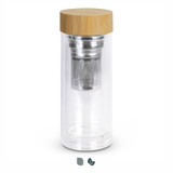 A drink bottle with a clear body, stainless steel infuser, and a bamboo lid. It features a simple, modern design.