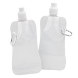 A drink bottle in translucent white plastic with a screw cap and a metal carabiner attachment.