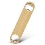 A drink bottle opener made of light wood, featuring two circular openings and a metal tip. Includes a branding logo.