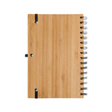A bamboo-covered spiral A5 notebook with a metal spiral binding and elastic closure.