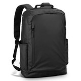 A black Aquinas Backpack with multiple pockets and adjustable straps, featuring a logo.